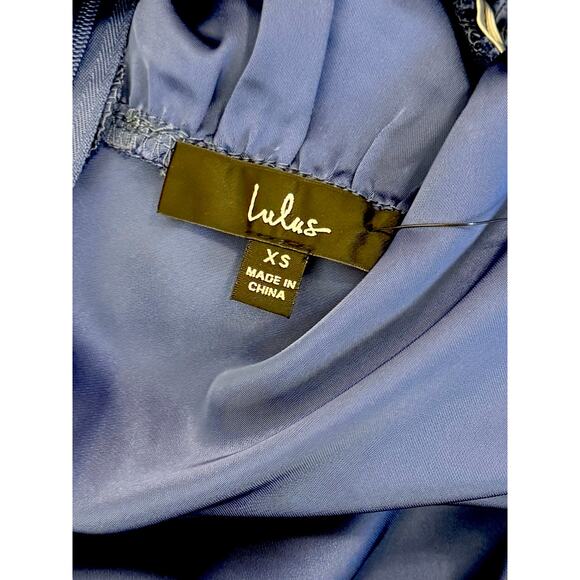 Lulu's Women's XS Classic Elegance Blue Satin Sleeveless Mock Neck Maxi Dress - Picture 2 of 11